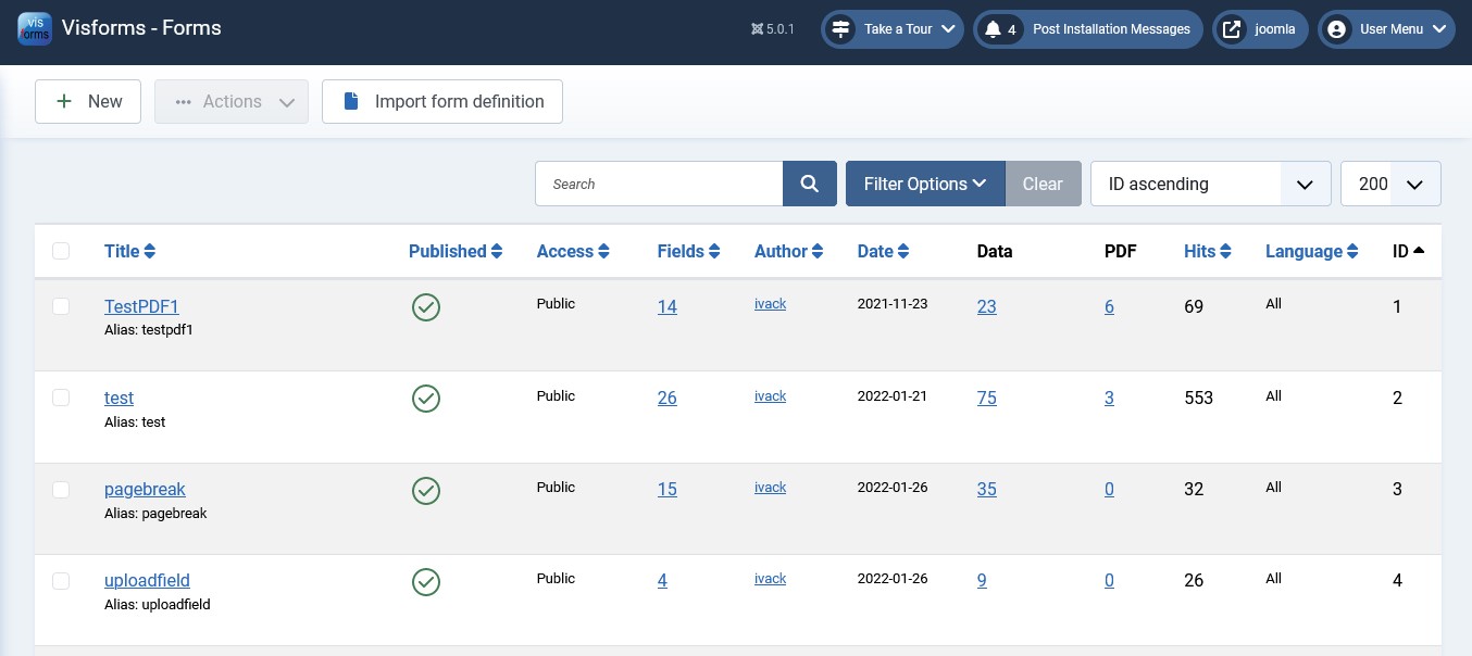 'Data' column as a link to open the data view