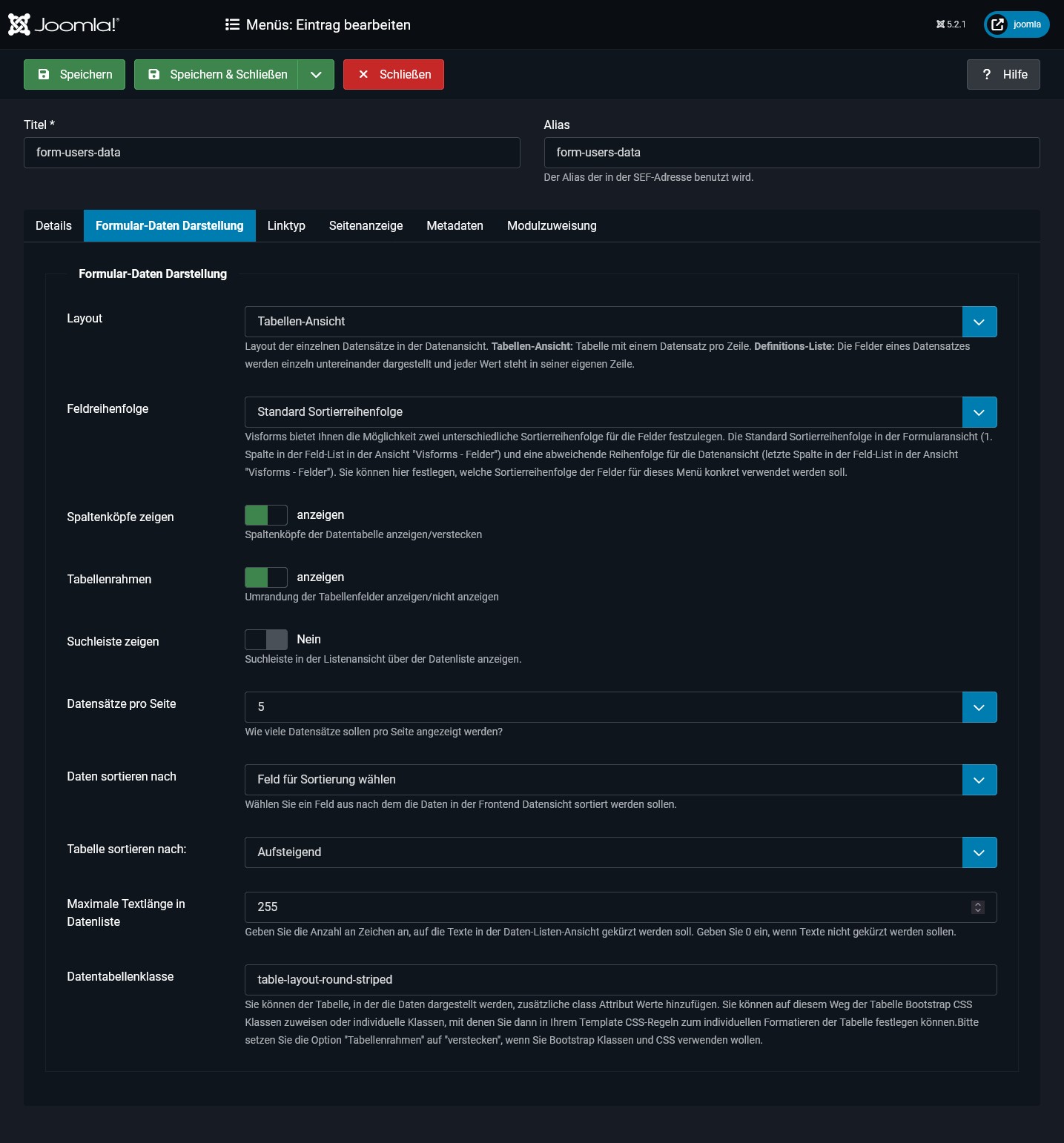 Konfiguration der Datenanzeige im Frontend Konfiguration der Datenanzeige im Frontend