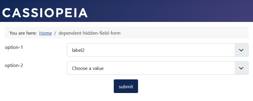 Text not displayed in the form is included in the form data, depending on the selection in the listbox field 'option-2'.