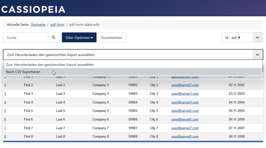 Datenansicht im Frontend: Zugriffsrecht CSV-Export. Datenansicht im Frontend: Zugriffsrecht CSV-Export.