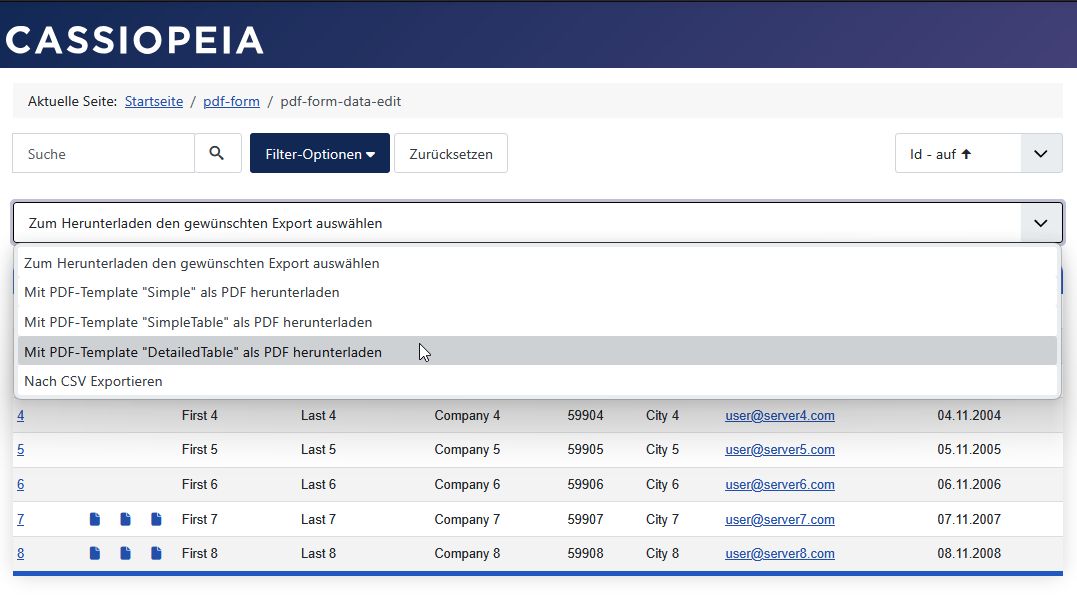 Datenansicht im Frontend: Zugriffsrecht PDF-Export eigener Daten in der Export-Listbox. Datenansicht im Frontend: Zugriffsrecht PDF-Export eigener Daten in der Export-Listbox.