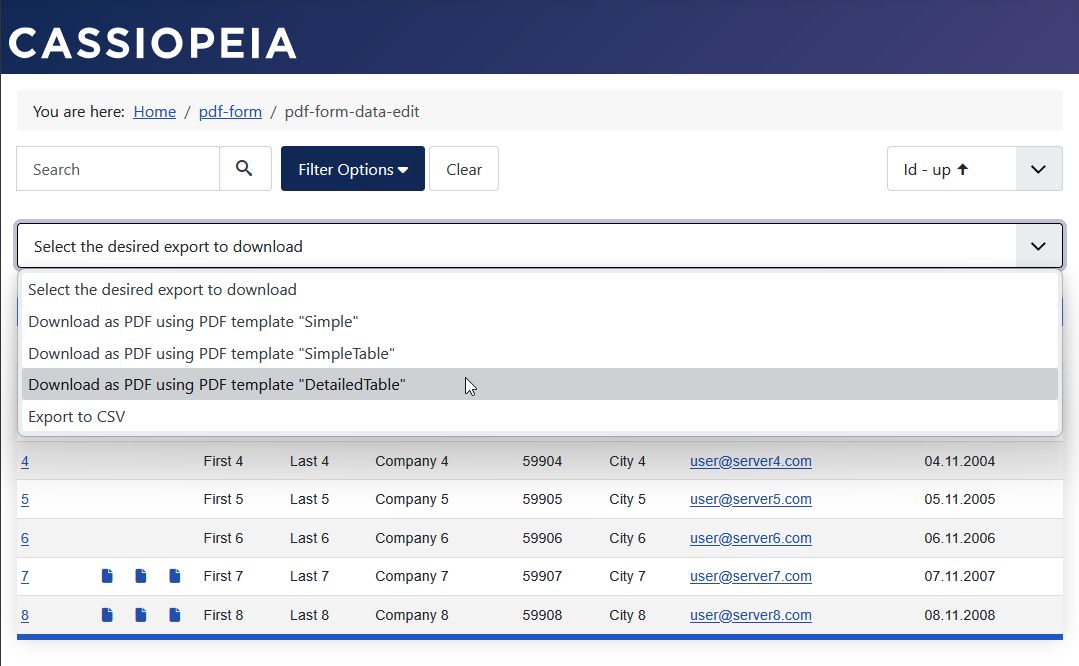 Data view in the frontend: Access right to PDF export your own data in the export listbox. Data view in the frontend: Access right to PDF export your own data in the export listbox.