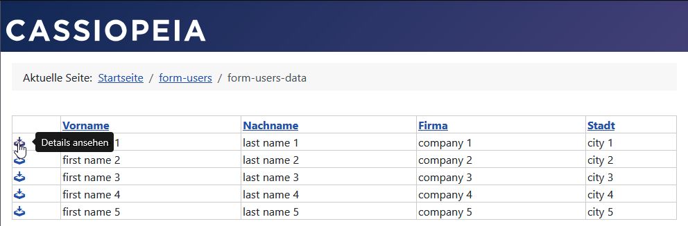 Die Detail-Ansicht wird auf der linken Seite der Daten-Liste durch einen Klick auf das konfigurierbare Detail-Ansicht-Icon geöffnet Die Detail-Ansicht wird auf der linken Seite der Daten-Liste durch einen Klick auf das konfigurierbare Detail-Ansicht-Icon geöffnet