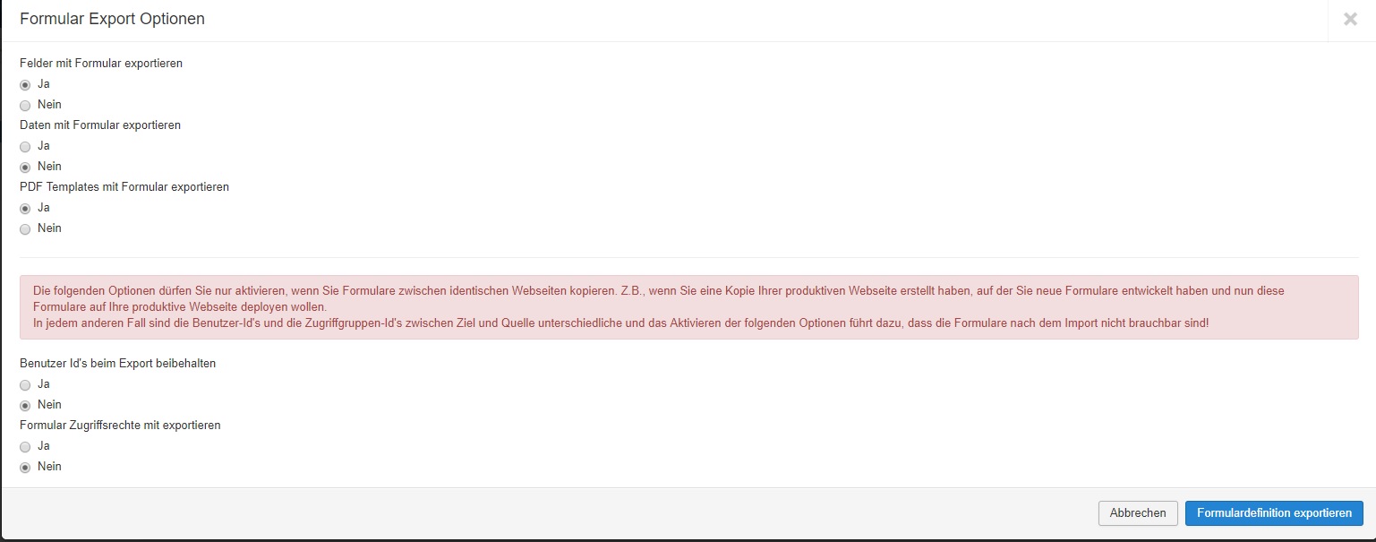 Optionen für Export von Formulardefinitionen