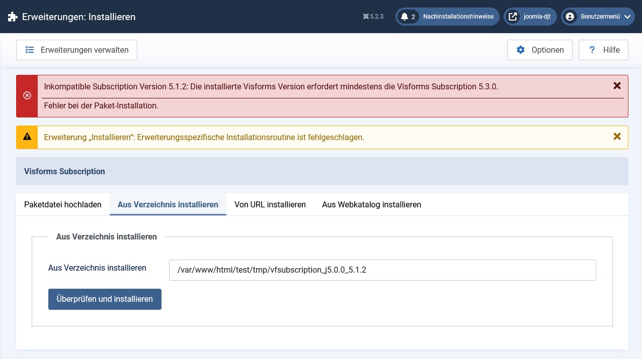 Visforms Subscription Version zu niedrig