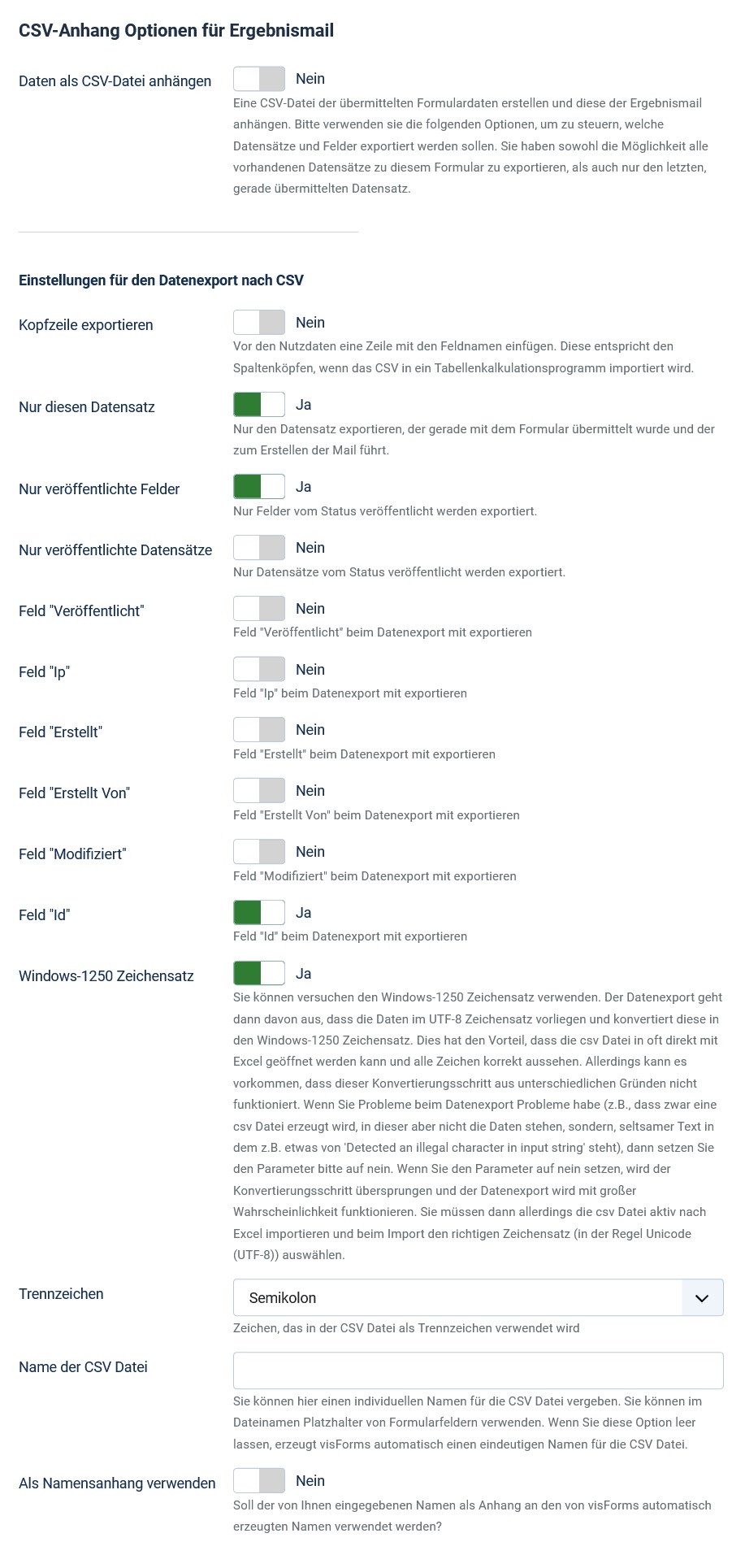 CSV Anhang Optionen