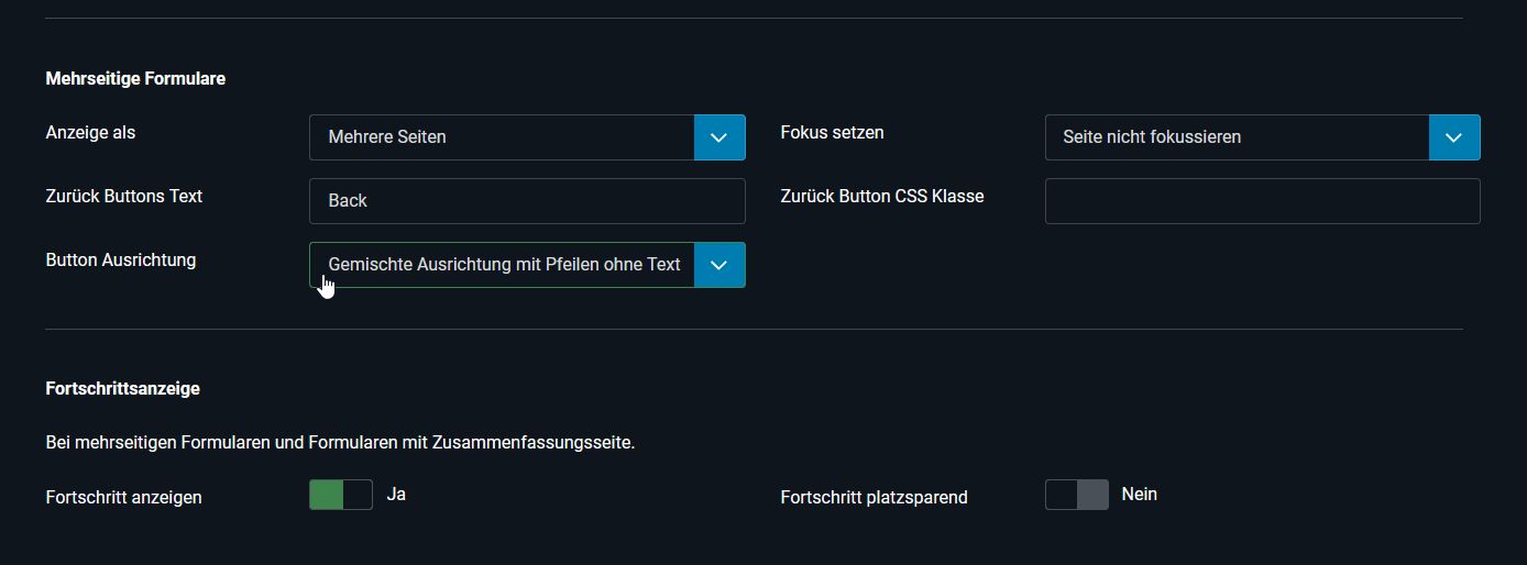Formular Optionen für mehrseitige Formulare Formular Optionen für mehrseitige Formulare