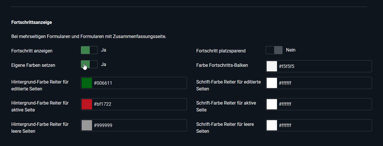 Formular-Konfiguration der Fortschrittsanzeige mit Default-Farben Formular-Konfiguration der Fortschrittsanzeige mit Default-Farben