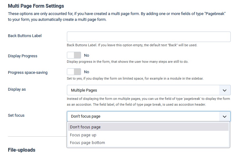 Form options for multi-page forms