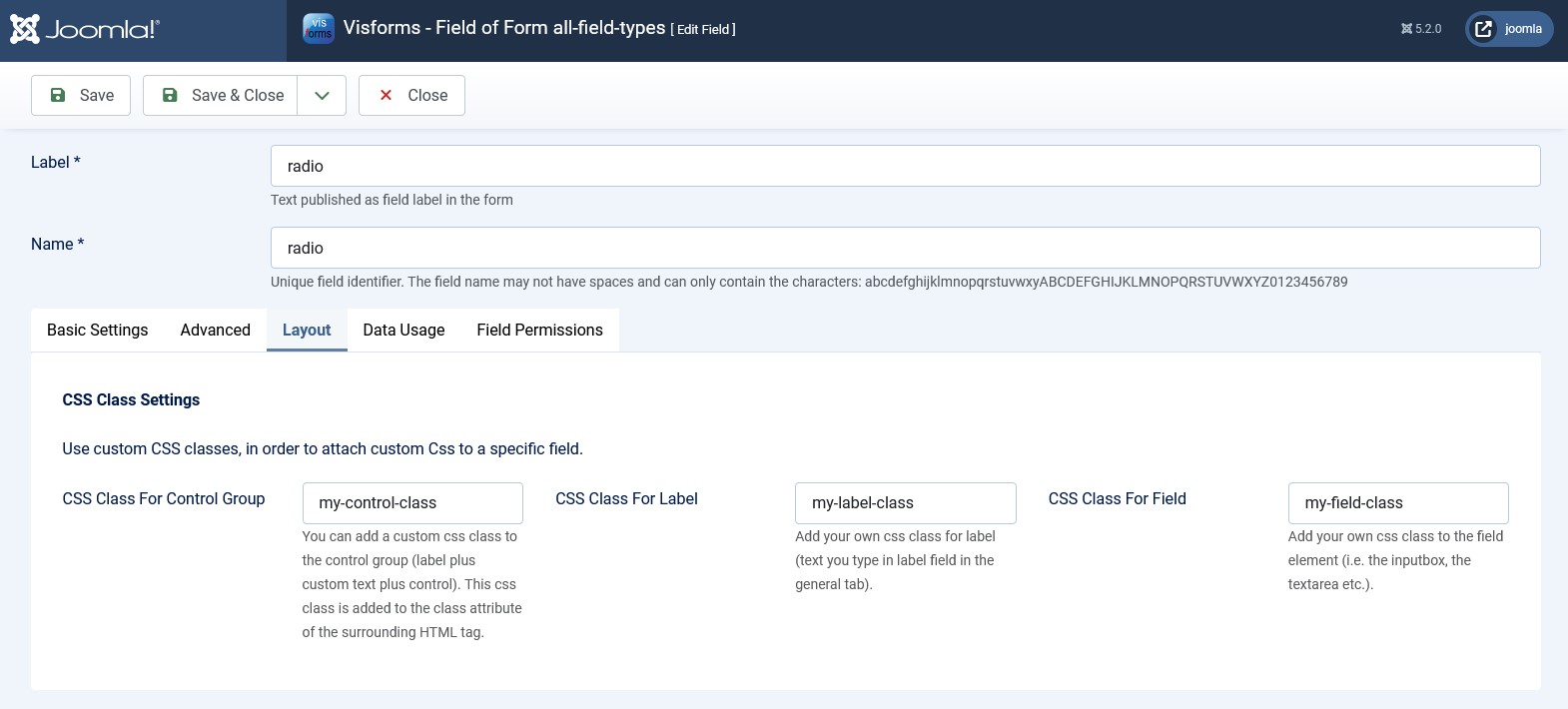 Field configuration, 'Layout' tab