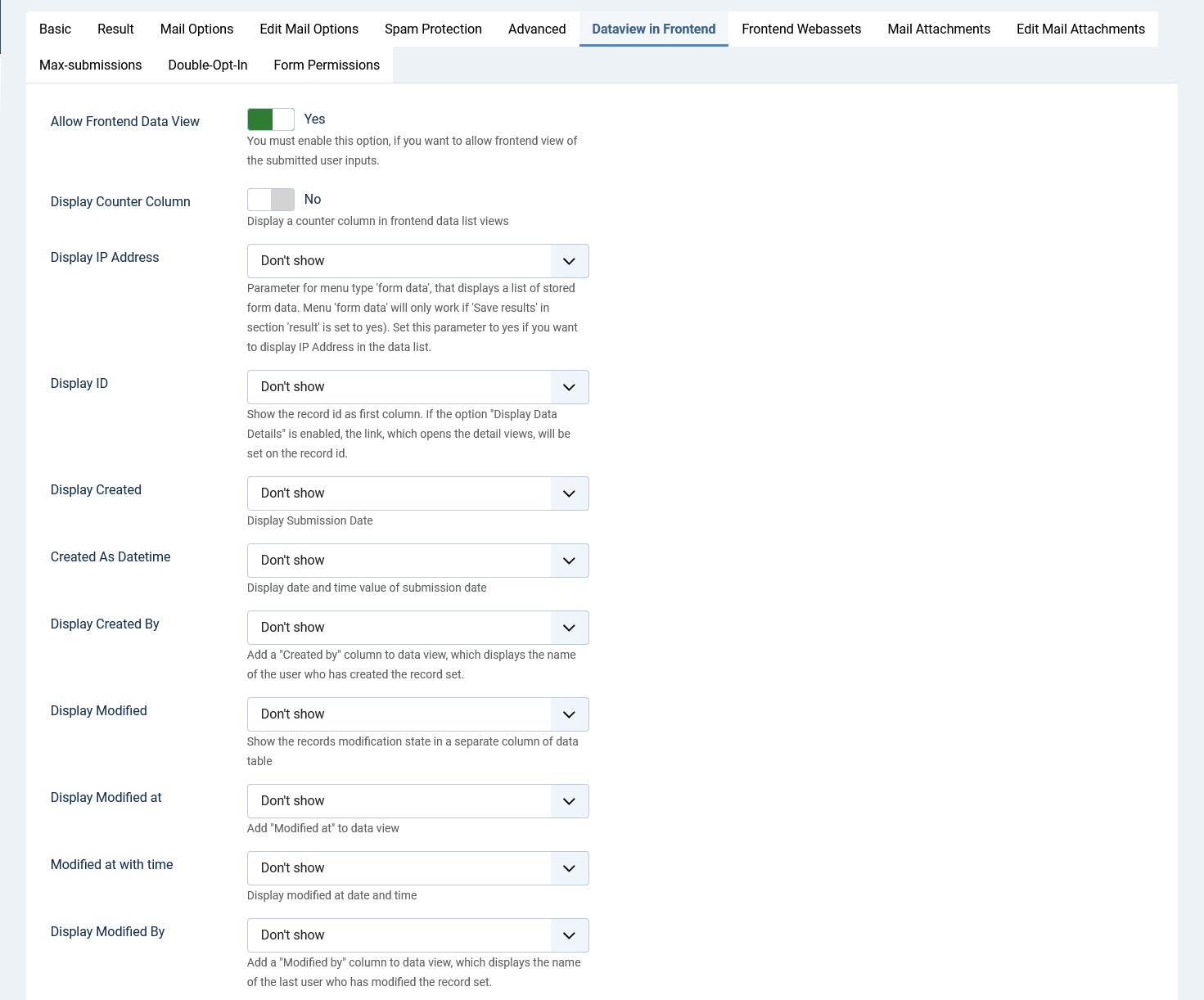 The settings for displaying the overhead fields are on the 'Data display in the frontend' tab.