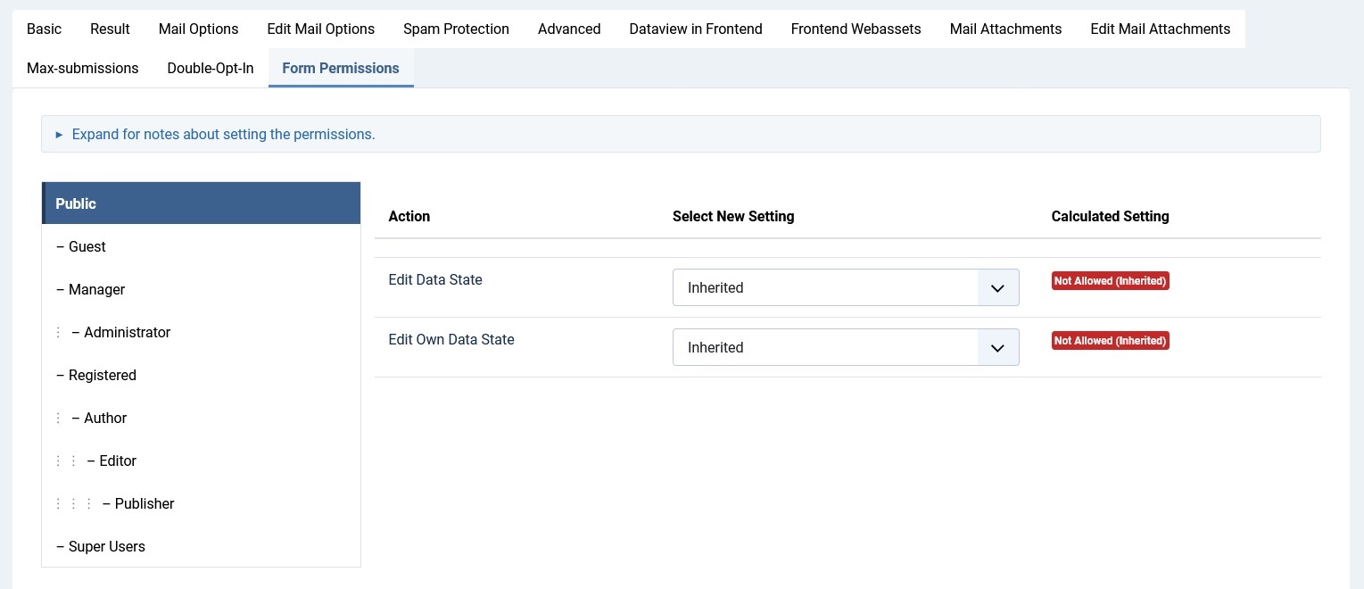 Settings for assigning rights for the form