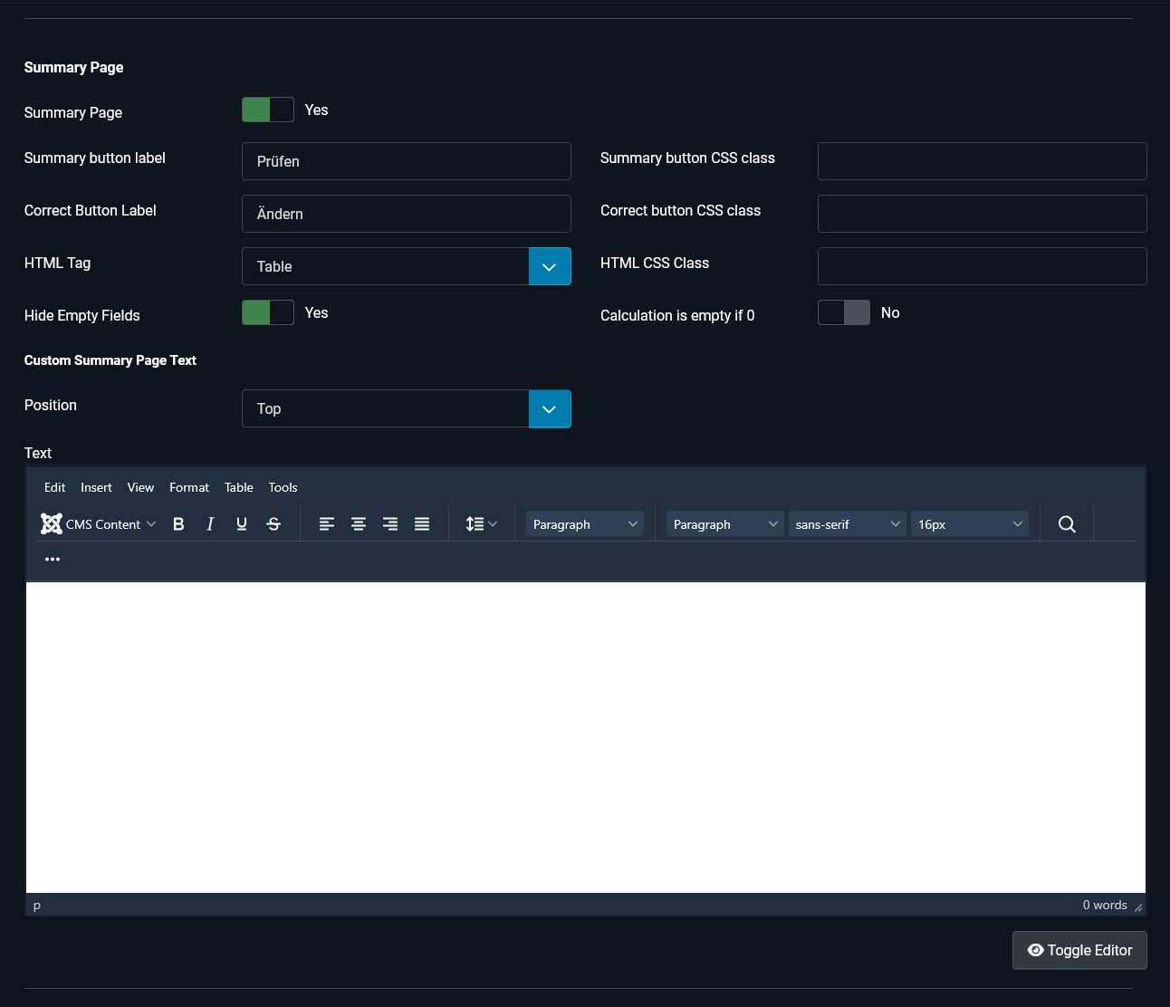 Summary Page Options Summary Page Options
