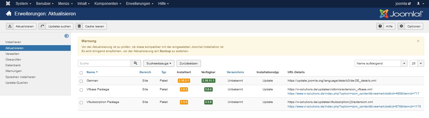 Joomla Installer: Erweiterungen Aktualisieren