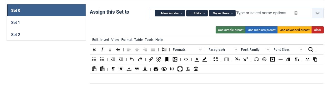 Presets for the user group 'Administrator'