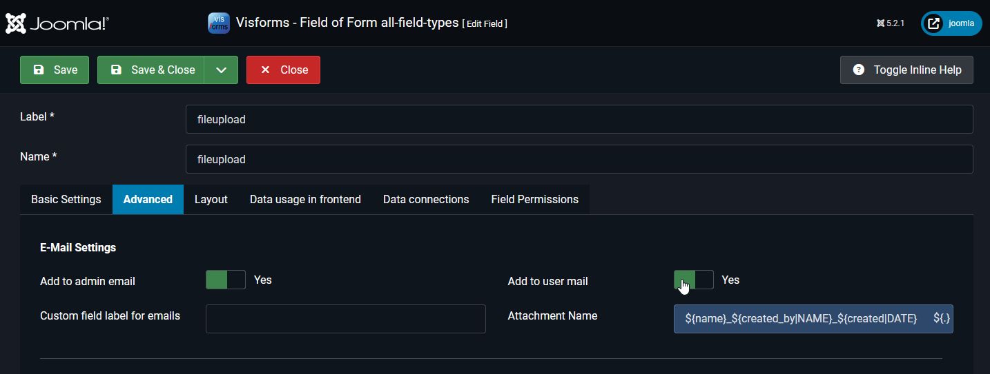 Email attachment field configuration Email attachment field configuration