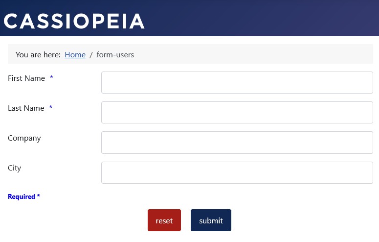 Example form in blue with the 'Required *' text at the very bottom of the form Example form in blue with the 'Required *' text at the very bottom of the form