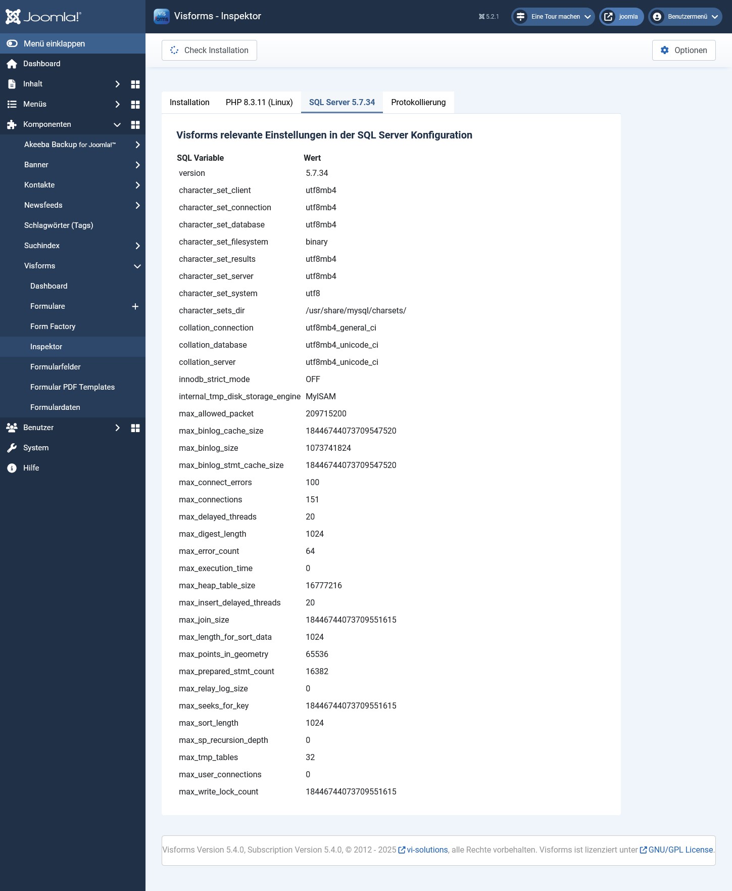 Anzeige SQL-Version und Variablen