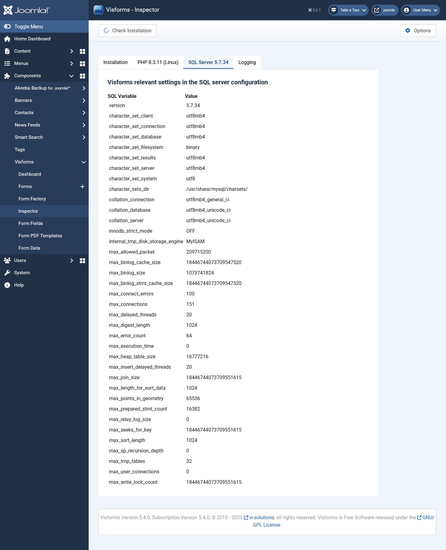 Display SQL version and variables